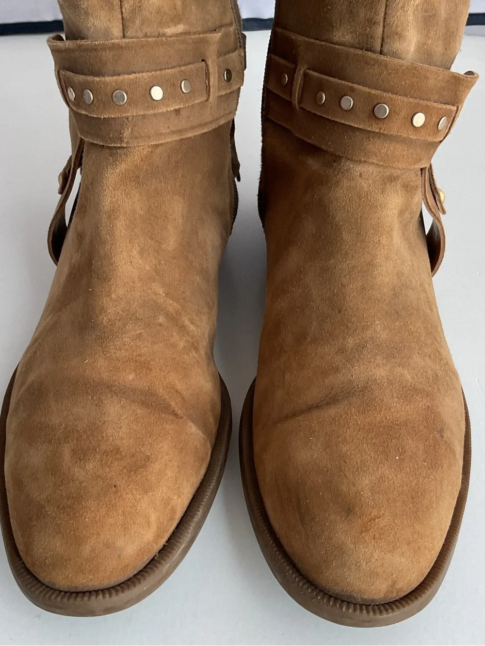 Nine West Luciana Tan Suede Studded Ankle Straps Riding Boots Women’s Size 6.5M